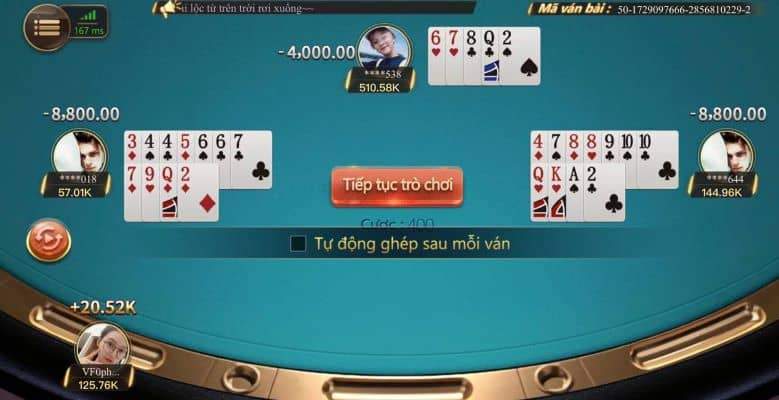 Kết thúc ván bài hệ thống sẽ tự động tính tiền thắng thua